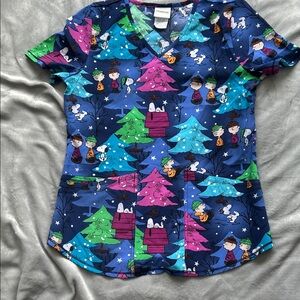 Peanuts Women's Scrub Top - Blue and Pink